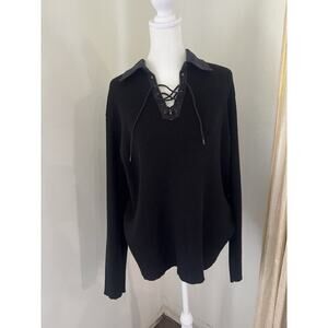Lauren Ralph Lauren Black Lace Up Ribbed Knit Sweater Tunic Top 2XL Equestrian